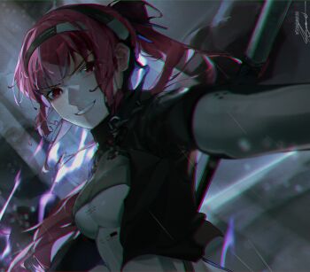 1girl black_jacket breasts chromatic_aberration commentary cropped_jacket electricity english_commentary hairband heavy_chromatic_aberration highres hiro_henuri jacket looking_at_viewer mechanical_arms medium_breasts ponytail punishing:_gray_raven red_eyes red_hair signature smile solo twitter_username upper_body vera:_garnet_(pgr) vera_(pgr)
