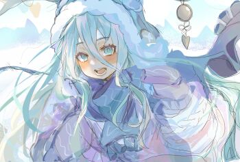 1girl aqua_eyes aqua_hair beanie blush commentary_request fate/grand_order fate_(series) hair_between_eyes hat highres kandatu long_hair looking_at_viewer louhi_(fate) louhi_(second_ascension)_(fate) open_mouth scarf smile solo sweater upper_body