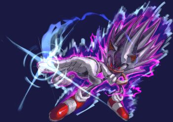 Rule 34 | 1boy, absurdres, aura, blue background, dragon ball, dragon ball super, dragon ball super super hero, full body, gloves, gohan beast, highres, kornart, makankousappou, male focus, red eyes, simple background, solo, son gohan, sonic (series), sonic the hedgehog, white gloves