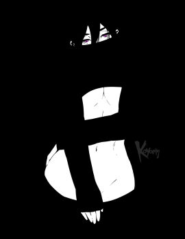 1girl artist_name black_background blending breasts commentary covering_crotch covering_privates english_commentary greyscale hair_between_eyes highres koyorin looking_at_viewer medium_breasts monochrome navel original purple_eyes simple_background sleeves_past_wrists solo spot_color stomach torso_flash underboob