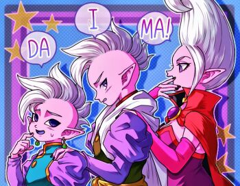 1girl 2boys black_nails breasts bridal_gauntlets brother_and_sister brothers cleavage clenched_teeth colored_skin commentary degesu dr._arinsu dragon_ball dragon_ball_daima dress earrings eyeshadow floating_hair from_side hands_on_another's_shoulders jewelry juliet_sleeves long_sleeves looking_at_another looking_back makeup mohawk mortmotodb multiple_boys nervous_smile open_mouth pink_bridal_gauntlets pink_skin pointy_ears potara_earrings profile puffy_sleeves purple_eyes red_eyeshadow romaji_text shin_(dragon_ball) siblings smile speech_bubble star_(symbol) strapless strapless_dress sweatdrop symbol-only_commentary teeth white_hair