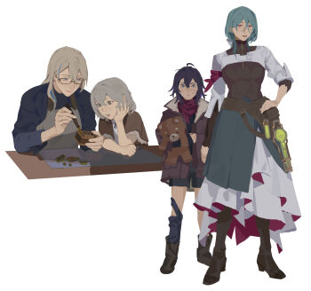 4girls aged_down ahoge alternate_costume apron armband belt black-framed_eyewear black_boots black_shirt black_shorts blonde_hair blue_eyes blue_hair blue_ribbon blue_shirt boots bow bronya_rand brown_belt brown_boots brown_shirt child clenched_hand closed_mouth collared_dress commentary crossed_bangs dress english_commentary flask full_body fur-trimmed_jacket fur_trim gears glasses grey_apron grey_eyes grey_hair hair_between_eyes hair_bow half-closed_eyes hand_on_own_face hand_on_own_hip hand_up hands_up highres holding holding_hands holding_screwdriver holding_stuffed_toy honkai:_star_rail honkai_(series) jacket lips liquid long_hair long_hair_between_eyes long_sleeves looking_at_another looking_at_object looking_at_viewer low_ponytail multicolored_hair multiple_girls music_box natasha_(honkai:_star_rail) neck_ribbon open_clothes open_jacket open_mouth open_shirt pink_eyes pocket ponytail purple_armband purple_dress purple_eyes purple_hair purple_jacket purple_scarf ribbon round-bottom_flask scarf screwdriver seele_(honkai:_star_rail) semi-rimless_eyewear serval_landau shadow shirt short_sleeves shorts simple_background smile standing streaked_hair stuffed_animal stuffed_toy suqling table teddy_bear teeth test_tube two-sided_dress two-sided_fabric upper_body v-shaped_eyebrows white_background white_bow white_dress zipper