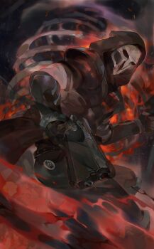 1boy arms_up belt black_belt black_coat black_pants calshuo2476 coat commentary feet_out_of_frame gun highres holding holding_gun holding_weapon hood hood_up long_sleeves male_focus mask overwatch pants reaper_(overwatch) ribs skull_mask solo symbol-only_commentary weapon