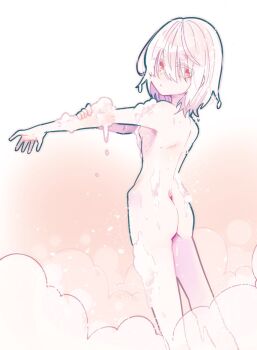 1girl accelerator_(toaru_majutsu_no_index) albino androgynous ass back bathing completely_nude convenient_censoring expressionless feet_out_of_frame flat_chest from_behind genderswap genderswap_(mtf) gradient_background hair_between_eyes legs looking_at_viewer looking_back nude outstretched_arm pale_skin red_eyes ryokutou sanpaku short_hair skinny soap_bubbles soap_censor solo standing steam steam_censor suzushina_yuriko toaru_majutsu_no_index wet white_hair
