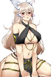 Rule 34 | 1340smile, 1girl, absurdres, bare shoulders, breasts, chain, commentary, corrin (female) (fire emblem), corrin (fire emblem), fire emblem, fire emblem fates, grey hair, halterneck, highres, horns, large breasts, long hair, looking at viewer, meme attire, midriff, modakawa dress, navel, nintendo, pelvic curtain, red eyes, seiza, simple background, sitting, solo, stomach, thighs, very long hair, white background, yomorio lingerie