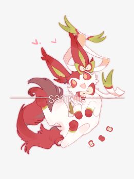 Rule 34 | alternate color, alternate shiny pokemon, animal focus, apple, bow, chinese commentary, colored sclera, commentary request, commission, food, fruit, full body, gen 6 pokemon, happy, highres, kamier586, looking at viewer, lying, nintendo, no humans, on back, open mouth, original, pokemon, pokemon (creature), pokemon focus, red eyes, red sclera, ribbon, sample watermark, simple background, smile, solo, sylveon, watermark, white background