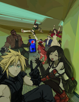 3girls 5boys absurdres aerith_gainsborough arms_up ascot backrooms_(creepypasta) bare_shoulders barret_wallace black_gloves black_hair black_skirt black_thighhighs blonde_hair blue_jacket boots bracelet brown_gloves brown_hair brown_vest cait_sith_(final_fantasy) cape cat ceiling cid_highwind cigarette closed_eyes cloud_strife crop_top cropped_sweater dark-skinned_male dark_skin dress earrings elbow_gloves facial_hair final_fantasy final_fantasy_vii final_fantasy_vii_remake fingerless_gloves gloves goggles goggles_on_head green_pants green_sweater hair_ribbon handcannon heartbreak_juan highres indoors jacket jewelry jumping long_hair looking_at_viewer low-tied_long_hair miniskirt multiple_boys multiple_girls open_clothes open_jacket open_mouth orange_fur pants pepsi pink_dress pink_ribbon red_boots red_cape red_jacket red_xiii ribbon short_hair shorts single_arm_guard single_earring skirt sleeveless sleeveless_turtleneck socks spiked_hair squatting standing sunglasses sweatdrop sweater tank_top thighhighs tifa_lockhart turtleneck turtleneck_sweater v vending_machine vest vincent_valentine waving white_ascot white_socks white_tank_top yuffie_kisaragi