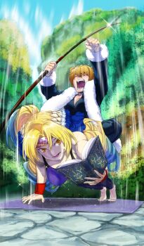 2girls aoba_(smartbeat) arm_above_head arm_support astraea_(fate) bare_arms bare_shoulders barefoot black_jacket black_leggings black_pants black_shirt blonde_hair blue_hair blue_sky blurry blurry_background book breasts cleavage clenched_hands closed_eyes cloud commentary curtained_hair day diffraction_spikes exercising fate/grand_order fate_(series) feather_boa flower foreshortening fur-trimmed_jacket fur_trim glint gradient_hair hair_between_eyes hair_flower hair_ornament headband holding holding_book holding_polearm holding_weapon jacket jaguarman_(fate) large_breasts leggings long_hair long_sleeves medium_breasts motion_blur motion_lines multicolored_hair multiple_girls naginata official_alternate_costume official_art open_book open_mouth orange_eyes orange_hair outdoors pants plunging_neckline polearm purple_tank_top push-ups reading saber_wars_ii shirt short_hair shouting sidelocks sitting sitting_on_person sky sparkle sunlight sweatband tank_top teeth third-party_source tree two-tone_hair v-shaped_eyebrows very_long_hair weapon white_flower white_headband workout_clothes wristband