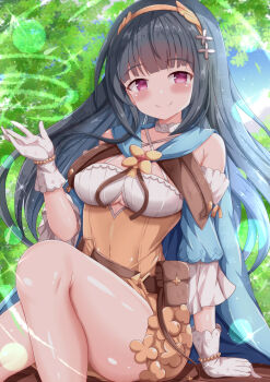 1girl arm_support belt blue_cape blue_dress blue_hair blue_sky blunt_bangs breasts brown_dress cape cloud commentary_request day dress gloves hair_ornament hairband highres leaf long_hair long_sleeves looking_at_viewer nazuka_(stella_sora) outdoors purple_eyes sidelocks sitting sky small_breasts smile solo stella_sora thighs tree white_gloves xenon_(for_achieve)