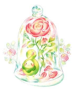 absurdres blush bottle budew closed_mouth colored_pencil_(medium) commentary_request flower full_body gen_4_pokemon highres in_bottle in_container nintendo painting_(medium) petals plant pokemon pokemon_(creature) red_flower red_rose rose smile solo traditional_media water_drop watercolor_(medium) white_background yukichi_0611