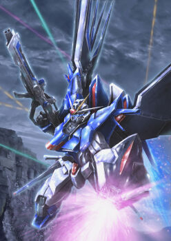 beam_rifle blue_eyes commentary_request energy_gun glowing glowing_eyes gun gundam gundam_seed gundam_seed_freedom highres holding holding_gun holding_weapon mecha mecha_focus mechanical_wings mobile_suit no_humans rising_freedom_gundam robot science_fiction shield solo sunflower_(tomodog422) v-fin weapon wings
