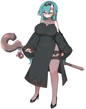 1girl :/ absurdres bare_shoulders black_dress black_hairband black_shoes blush bodysuit braid breasts brown_bodysuit brown_pantyhose collarbone commentary_request covered_collarbone covered_navel dress full_body green_hair hair_between_eyes hair_intakes hairband half_up_half_down_braid high_heels highres holding holding_staff horns huge_breasts huge_sleeves kim_aendeo korean_commentary long_hair looking_at_viewer loose_hair_strand multicolored_hair original pantyhose pink_eyes pink_hair plump see-through_clothes see-through_dress shoes side_slit single_horn solo staff standing straight_hair streaked_hair swept_bangs thigh_strap tsurime unkempt very_long_hair white_background wide_hips wooden_staff