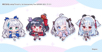 4girls :3 :d ;q ahoge awanone_poka black_bow black_hair black_shirt black_shoes blue_dress blue_eyes blue_hair blue_ribbon blue_shirt blue_skirt blunt_bangs blush_stickers bow bowtie cardigan closed_mouth commentary_request crop_top crown double-parted_bangs dress drop_shadow egissi frilled_skirt frills full_body green_eyes grey_shoes hair_between_eyes hair_bow hair_ornament hair_ribbon hairclip hat highres ikichi_crea jacket kuchisaki_nero long_sleeves looking_at_viewer midriff multicolored_hair multiple_girls nanase_yui_(vivid_v) navel one_eye_closed open_cardigan open_clothes open_jacket open_mouth outline parallel_hairclips pink_bow pink_bowtie pink_cardigan pink_hair plaid_clothes plaid_skirt red_bow red_eyes red_hair red_socks ribbon sailor_collar shirt shoes shorts skirt smile socks standing standing_on_one_leg tongue tongue_out twitter_username two-tone_hair two_side_up virtual_youtuber vivid_v white_background white_hair white_hat white_jacket white_outline white_sailor_collar white_shorts x_hair_ornament
