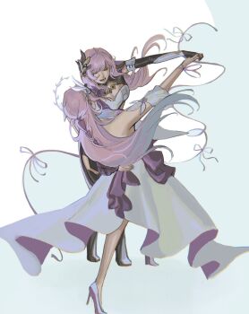 2girls breasts cleavage commentary company_connection corset cyrene_(honkai:_star_rail) cyrene_(ripples_of_past_reverie)_(honkai:_star_rail) dancing dress elf elysia_(honkai_impact) elysia_(miss_pink_elf)_(honkai_impact) english_commentary hair_ornament high_heels highres holding_hands honkai:_star_rail honkai_(series) honkai_impact_3rd inoue_marina large_breasts long_hair multiple_girls open_mouth pink_hair pointy_ears poopfart3939 simple_background very_long_hair voice_actor_connection white_background white_corset white_dress yanning