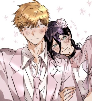 1boy 1girl black_choker blonde_hair blush breasts busuttt chainsaw_man choker cleavage closed_mouth collared_shirt couple denji_(chainsaw_man) dress flower formal_clothes green_eyes grey_jacket grey_neckerchief grey_suit hair_between_eyes hair_bun hair_flower hair_ornament hetero highres holding_another's_arm jacket looking_at_viewer looking_to_the_side medium_breasts medium_hair neckerchief official_alternate_costume purple_hair reze_(chainsaw_man) see-through_clothes see-through_sleeves shirt short_hair smile suit updo upper_body white_dress white_flower white_shirt yellow_eyes