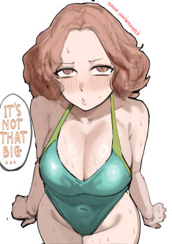 1girl absurdres arms_at_sides blush breasts brown_eyes brown_hair cleavage cowboy_shot embarrassed english_text forehead highres large_breasts looking_at_viewer nero_watch okumura_haru one-piece_swimsuit persona persona_5 short_hair sidelocks solo speech_bubble sweat swimsuit thick_thighs thighs