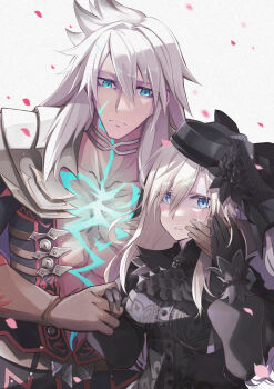 Rule 34 | 1boy, 1girl, absurdres, armor, ascot, belt, black capelet, black dress, black flower, black gloves, black hat, black rose, blue eyes, blush, breasts, brown gloves, capelet, commentary request, dark-skinned male, dark skin, dress, fate/grand order, fate (series), flower, gloves, glowing scar, grey hair, grey shirt, hat, highres, holding hands, husband and wife, jewelry, kriemhild (fate), kriemhild (first ascension) (fate), large breasts, long hair, long sleeves, looking at viewer, mole, mole under eye, neck ring, pauldrons, rose, shirt, shoulder armor, siegfried (fate), veil, yuniyuni