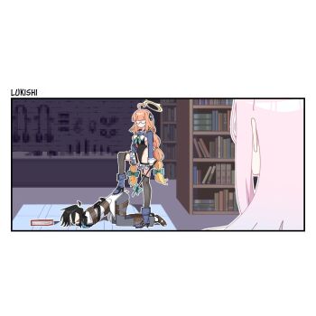 ahoge artist_name bdsm black_gloves black_leotard blue_archive bondage book bookshelf bound braid commentary english_commentary glasses gloves halo highres holding leotard long_hair lukishi mika_(blue_archive) official_alternate_costume orange_hair pink_hair riding_crop sensei_(blue_archive) shimiko_(blue_archive) shimiko_(magical)_(blue_archive) tagme twin_braids