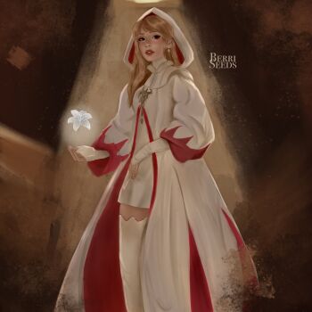 ariana_grande berri_seeds black_eyes blonde_hair blush brown_background capelet cloak dress earrings final_fantasy fingerless_gloves flower gloves highres hood hoodie jewelry lipstick long_hair looking_at_viewer makeup pale_skin red_cloak short_dress sidelocks signature thighhighs turtleneck two-tone_cloak white_capelet white_cloak white_dress white_flower white_mage_(final_fantasy) wide_sleeves zettai_ryouiki