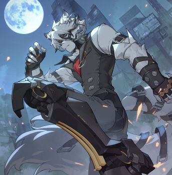 1boy absurdres animal_ears black_pants black_vest character_name chinese_commentary claws copyright_name eyepatch full_moon furry furry_male highres looking_at_viewer male_focus moon one_eye_covered pants prosthesis prosthetic_leg red_eyes shirt tail vest von_lycaon white_shirt wolf_boy wolf_ears wolf_tail wtk zenless_zone_zero