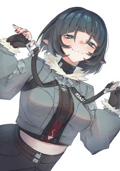 1girl :3 animal_ears black_gloves black_hair black_shorts blue_eyes blush bodystocking breasts closed_mouth commentary_request czc9q2 fingerless_gloves fur-trimmed_jacket fur_trim gloves grey_jacket half-closed_eyes high-waist_shorts highres jacket jane_doe_(zenless_zone_zero) looking_at_viewer medium_breasts mouse_ears mouse_girl necktie notched_ear red_nails shorts simple_background solo two-tone_necktie upper_body white_background zenless_zone_zero