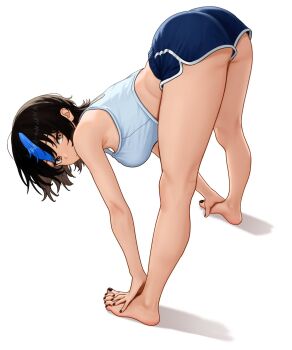 1girl :/ armpits ass bare_arms bare_legs bare_shoulders barefoot bent_over black_hair black_nails blue_shorts blue_streaks breasts brown_eyes commentary dolphin_shorts english_commentary feet from_behind hair_between_eyes hands_on_own_feet highres kneepits legs looking_at_viewer looking_back medium_breasts multicolored_hair nail_polish nihu original shadow shiragi_(nihu) short_hair short_shorts shorts simple_background single_hair_streak solo sports_bra streaked_hair stretching thighs toenail_polish toenails toes white_background white_sports_bra