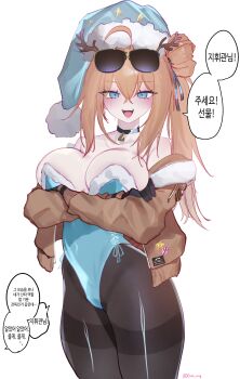 1girl absurdres alternate_costume arms_under_breasts artist_name bell black_gloves black_pantyhose blue_eyes blue_hat blue_leotard blush breasts brown_hair brown_jacket cleavage commentary dress eonsang girls'_frontline gloves hat highres horns jacket kalina_(girls'_frontline) korean_text leotard long_hair neck_bell off-shoulder_dress off_shoulder open_clothes open_jacket pantyhose santa_hat simple_background smile solo speech_bubble strapless strapless_leotard sunglasses teeth translation_request twitter_username upper_teeth_only white_background