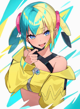 1girl blonde_hair blue_eyes blush breasts canari_(pokemon) cleavage collarbone green_hair hair_between_eyes hair_ornament highres jacket long_hair long_sleeves looking_at_viewer mask mask_pull mega_stone mouth_mask multicolored_hair nintendo open_mouth pokemon pokemon_legends:_z-a shibuki_pp smile solo tongue tongue_out yellow_jacket