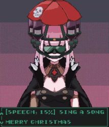 1girl animated beer_hat black_cloak bottle breasts cloak dialogue_box diving_mask english_text facing_viewer fallout goggles hololive hololive_english large_breasts long_hair looping_animation mori_calliope mori_calliope_(1st_costume) pink_hair pixel_art ronin_(zeth_total) skull_print solo spikes underwear video virtual_youtuber wine_bottle