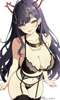 1girl absurdres akuma_nihmune armpit_crease black_bra black_collar black_garter_belt black_panties black_thighhighs blue_nails blush bra breasts cleavage collar commentary cowboy_shot demon_horns earrings english_commentary facial_mark fake_horns fingernails garter_belt hair_ornament heart heart_earrings heart_facial_mark highres horns indie_virtual_youtuber jewelry large_breasts lars_artbro lingerie long_hair looking_at_viewer mole mole_under_eye nail_polish navel panties parted_bangs purple_eyes purple_hair simple_background single_earring smile solo star_(symbol) star_hair_ornament thighhighs thighs tongue tongue_out underwear virtual_youtuber white_background