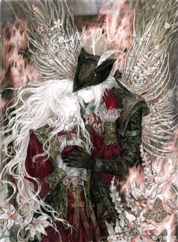 2girls absurdres bloodborne bone dress feathers flower hand_on_another's_face hat highres holding_hands hunter_(bloodborne) lady_maria_of_the_astral_clocktower multiple_girls neck_ruff red_dress sample_watermark tricorne watermark weibo_5337228893 weibo_username weibo_watermark white_flower white_hair yuri