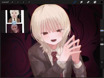 1boy :d abstract_background art_program_in_frame blush brown_cardigan brown_eyes cardigan collared_shirt dress_shirt game_screenshot_inset hashtag-only_commentary highres male_focus necktie official_art_redraw open_cardigan open_clothes open_mouth red_necktie saihate_eki screenshot_inset shirt short_hair smile solo steepled_fingers tatsunami_shion ttyyuwwuw white_hair white_shirt