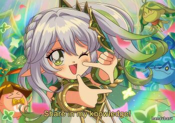 +_+ 1990s_(style) 1girl 3others arakavi_(genshin_impact) arama_(genshin_impact) aranara_(genshin_impact) ararycan_(genshin_impact) artist_name bare_shoulders blue_eyes blue_hat blue_skin blush bracelet braid brown_hat cape closed_eyes closed_mouth colored_skin commentary cross-shaped_pupils detached_sleeves dress english_commentary english_text eyelashes flying gem genshin_impact gold_bracelet green_cape green_eyes green_gem green_hair green_hat green_skin grey_hair hair_between_eyes hair_ornament hanavbara hands_up hat heart heart_hair_ornament jewelry leaf leaf_hair_ornament long_hair looking_at_viewer multicolored_hair multiple_others nahida_(genshin_impact) one_eye_closed open_mouth orange_skin petals pointy_ears retro_artstyle short_sleeves side_braid side_ponytail smile standing star_(symbol) symbol-shaped_pupils tongue two-tone_hair vision_(genshin_impact) white_dress