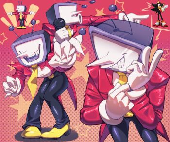 1boy absurdres ant_tenna black_pants claws closed_mouth commentary crt deltarune english_commentary fangs gloves gradient_background grin highres holding holding_microphone long_sleeves male_focus microphone mitsy multiple_views necktie object_head open_mouth orange_background pants pointing pointy_nose polka_dot polka_dot_background pose_imitation red_background shadow_the_hedgehog shoes smile sonic_(series) star_(symbol) t-pose tailcoat utdr_(toby_fox) white_gloves yellow_necktie yellow_shoes