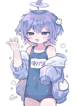 Rule 34 | 1girl, @ @, ahoge, bare shoulders, blue one-piece swimsuit, blush stickers, collarbone, commentary, cotono (nazekun), covered navel, cowboy shot, double-parted bangs, fang, hand up, highres, jacket, long sleeves, off shoulder, one-piece swimsuit, open clothes, open jacket, open mouth, original, purple eyes, purple hair, purple jacket, school swimsuit, short hair, signature, simple background, skin fang, sleeves past fingers, sleeves past wrists, solo, sparkle, swimsuit, swimsuit under clothes, watermark, wet, white background