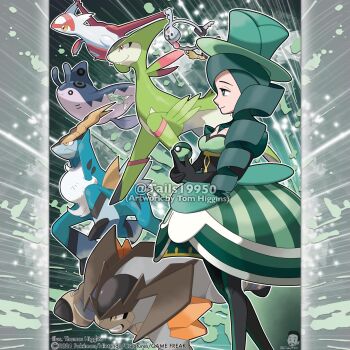 1girl artist_name black_gloves black_pantyhose breasts clenched_teeth closed_mouth cobalion commentary company_name copyright_notice dress elbow_gloves english_commentary eyelashes from_side gen_2_pokemon gen_3_pokemon gen_5_pokemon gen_6_pokemon gloves green_dress green_eyes green_hair green_hat hat highres holding holding_poke_ball horns instagram_username key klefki latias legendary_pokemon long_hair mantine merchandise_available morgan_(pokemon) nintendo nontraditional_poke_ball official_style orange_eyes outline pantyhose pink_eyes poke_ball pokemon pokemon_(creature) pokemon_xy remoraid single_drill smile teeth terrakion tom_higgins top_hat virizion watermark white_outline yellow_eyes