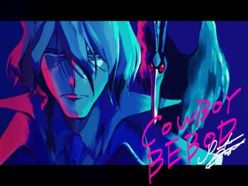 Rule 34 | 1boy, 1other, animal, bird, blue background, cowboy bebop, expressionless, girigiri yukka, hair between eyes, necktie, red eyes, simple background, vicious (cowboy bebop)