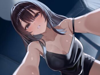 1girl bare_arms black_camisole black_hair black_shorts breasts camisole ceiling ceiling_light collarbone curtains hair_between_eyes highres indoors large_breasts long_hair looking_at_viewer night oreazu original parted_lips pov purple_eyes shorts sidelocks solo star_(sky) strap_slip teeth window