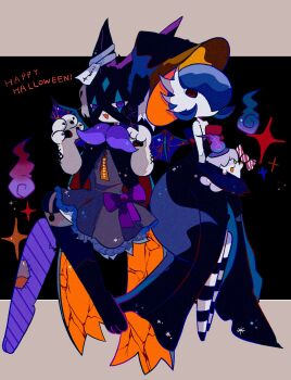 2girls alternate_color animal_feet animal_hands bare_shoulders barefoot black_background black_dress black_gloves black_hat blue_hair bob_cut body_fur bow candy claw_pose claws clothed_pokemon colored_skin corset_piercing crack dress dress_bow elbow_gloves english_text fang feet fire food frilled_dress frills furry furry_female gardevoir gen_3_pokemon gen_5_pokemon gloves grey_fur grey_hair hair_over_one_eye halloween hands_up happy happy_halloween hat highres holding holding_candy holding_food holding_pokemon kneehighs litwick long_dress looking_at_viewer mega_gardevoir mega_pokemon mendako_(tyatyaumai29) meowscarada multiple_girls nintendo no_feet no_mouth ofuda ofuda_on_head one_eye_covered open_mouth pawpads pokemon pokemon_(creature) purple_bow purple_eyes purple_fire red_eyes shiny_pokemon short_dress short_hair skin_fang smile socks sparkle strapless strapless_dress striped_clothes striped_socks two-sided_fabric two-sided_headwear white_skin witch_hat