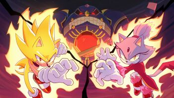 1boy 1girl absurdres aura blaze_the_cat burning_blaze commission forehead_jewel gloves highres jacket other_subject1 pink_fur ponytail red_eyes red_jacket red_shoes shoes smile sonic_(series) sonic_rush_adventure sonic_the_hedgehog super_sonic white_gloves yellow_eyes yellow_fur