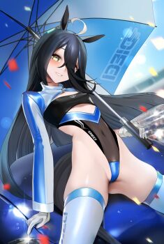 1girl absurdres ahoge animal_ears black_hair breasts car clothes_writing commentary_request covered_navel gloves grin hair_between_eyes highleg highleg_leotard highres holding holding_umbrella horse_ears horse_girl leotard long_hair long_sleeves manhattan_cafe_(umamusume) motor_vehicle on_car race_queen shiny_clothes small_breasts smile super_highleg thighhighs ugohato umamusume umbrella white_gloves white_thighhighs yellow_eyes