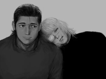 Rule 34 | 2boys, absurdres, badeni, chi.: chikyuu no undou ni tsuite, closed mouth, commentary request, eyepatch, grey background, greyscale, highres, k05062688, lips, looking at another, looking at viewer, male focus, medical eyepatch, medium hair, monochrome, multiple boys, nose, oczy, short hair, simple background, upper body, yaoi