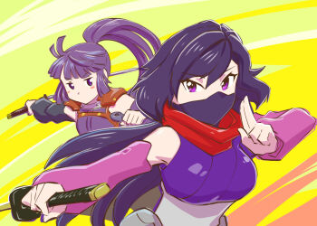 Rule 34 | 10s, 2girls, akatsuki (log horizon), ayame (gundam build divers), bare shoulders, black hair, blush stickers, breast envy, breasts, creator connection, crossover, detached sleeves, flat chest, green background, gundam, gundam build divers, hair between eyes, japanese clothes, katana, kuji-in, kunai, log horizon, long hair, mask, medium breasts, mouth mask, multicolored background, multiple girls, ninja, ninja mask, ponytail, purple eyes, purple hair, red scarf, reverse grip, scarf, shiny clothes, sleeveless, sword, trait connection, twintails, ueyama michirou, very long hair, weapon, yellow background