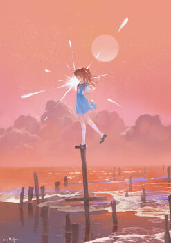 1girl absurdres arms_behind_back blue_eyes blue_skirt blue_suspenders cloud commentary cross foaming_waves full_body highres interface_headset_(evangelion) inverted_cross kneehighs light_rays long_hair mary_janes medium_skirt molli_hu neck_ribbon neon_genesis_evangelion on_top_of_pole orange_hair outdoors parted_lips profile red_ribbon ribbon scenery school_uniform shirt shoes shore short_sleeves signature skirt sky socks solo souryuu_asuka_langley stake standing standing_on_object standing_on_one_leg sunbeam sunlight sunset suspender_skirt suspenders symbol-only_commentary tokyo-3_middle_school_uniform white_shirt white_socks wind wind_lift