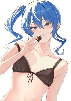 1girl absurdres armpit_crease black_bra blue_eyes blue_hair bra breasts candy chocolate chocolate_heart collarbone food grin heart heart-shaped_food highres holding holding_chocolate holding_food hololive hoshimachi_suisei looking_at_viewer si_farid side_ponytail simple_background small_breasts smile solo star_(symbol) star_in_eye strap_slip symbol_in_eye underwear upper_body virtual_youtuber white_background