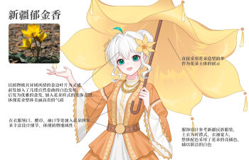 Rule 34 | 1girl, :d, absurdres, ahoge, alternate costume, alternate hairstyle, aqua eyes, chinese text, commentary request, dress, flower, flower umbrella, green eyes, hair bun, hair flower, hair ornament, highres, holding, holding umbrella, jewelry, long sleeves, looking at viewer, necklace, open mouth, personification, quanmian shidai, simple background, smile, solo, umbrella, uygur clothes, wen xiaomian, wenxiaomian family, white background, white hair, wide sleeves