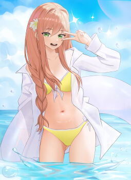1girl alternate_hairstyle arisa_(aris4rt) bikini braid coat commentary day doki_doki_literature_club english_commentary fingernails flower green_eyes hair_flower hair_ornament hand_up highres holding holding_swim_ring innertube long_fingernails long_hair long_sleeves looking_at_viewer monika_(doki_doki_literature_club) navel ocean open_clothes open_coat open_mouth side-tie_bikini_bottom sky smile solo sparkle swim_ring swimsuit v very_long_hair wading water water_drop