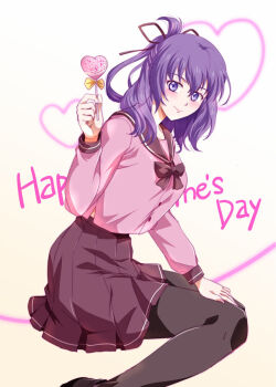 Rule 34 | 1girl, ao no kiseki, artist name, black thighhighs, bob cut, bow, bowtie, breasts, candy, closed mouth, commentary request, double-parted bangs, eiyuu densetsu, english text, food, grey bow, grey bowtie, grey skirt, hair between eyes, hair ribbon, hair rings, half updo, hand on own thigh, happy valentine, holding, holding candy, holding food, holding lollipop, large breasts, lollipop, long hair, looking at viewer, purple eyes, purple hair, red ribbon, ribbon, rixia mao, sailor collar, school uniform, skirt, smile, solo, thighhighs, valentine, white background, xiacheng tatsuya, yellow bow, zero no kiseki