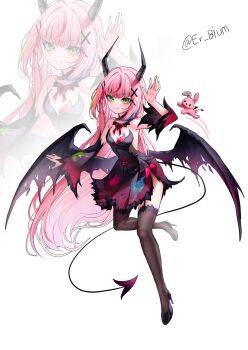 1girl bare_shoulders black_dress black_nails black_shirt black_sleeves black_thighhighs black_wings blue_hair bow bowtie breasts cleavage closed_mouth demon_girl demon_horns demon_tail demon_wings detached_sleeves dress erbium full_body garter_straps gradient_clothes gradient_dress gradient_sleeves green_eyes green_hair hair_ornament hairclip hanako_nana highres horns long_hair multicolored_hair parallel_hairclips peto_(hanako_nana) pink_hair red_bow red_bowtie red_dress red_sleeves shirt small_breasts stellive streaked_hair tail thighhighs torn_wings twitter_username very_long_hair virtual_youtuber white_background wide_sleeves wings x_hair_ornament