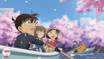 2girls 3boys :d anime_coloring balancing black-framed_eyewear black_hair black_jacket black_pants blue_dress blue_eyes blue_pants boat bow bowtie brown_hair building canal cherry_blossoms closed_mouth copyright_logo copyright_notice day dress edogawa_conan falling_petals glasses green_eyes grey_shorts haibara_ai hairband highres holding holding_oar index_finger_raised jacket kojima_genta logo long_sleeves looking_up meitantei_conan multiple_boys multiple_girls oar official_art on_boat open_mouth orange_shirt outdoors pants petals pink_hairband pink_petals pointing pointing_up red_shirt rowboat rowing shirt short_hair short_sleeves shorts sitting smile tsuburaya_mitsuhiko water watercraft white_shorts yellow_bow yellow_bowtie yoshida_ayumi